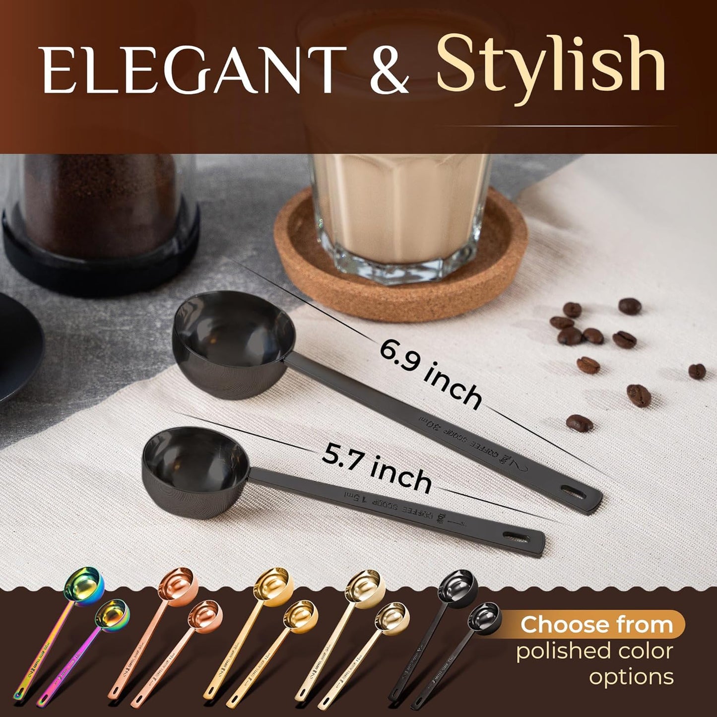 Premium Coffee Scoop Set - 1 Tbsp (15ml) & 2 Tbsp (30ml) Measuring Tablespoon - Stainless Steel Coffee Measuring Spoon and Scooper with Long Handles - Pack of 2 - Gold