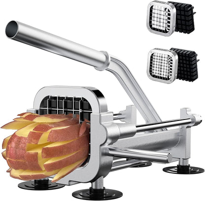 French Fry Cutter, Heavy Duty Potato Slicer, Stainless Steel Potato Chopper Set with 1/2 and 3/8 Inch Blades for Sweet Potato, Carrot, Yam, Cucumbers.
