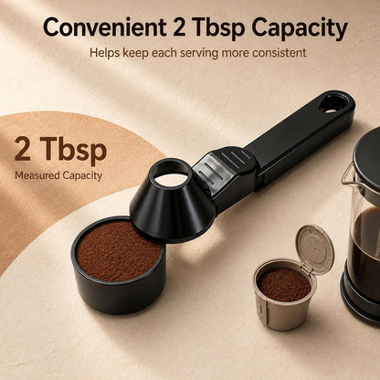 Coffee Scoop with Funnel, Reusable K Cup Funnel, Coffee Measuring Scoop 2 Tablespoon Mess-Free Spoon for Ground Coffee, Protein Powder, Tea Pod Refill (2PK)