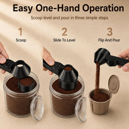 Coffee Scoop with Funnel, Reusable K Cup Funnel, Coffee Measuring Scoop 2 Tablespoon Mess-Free Spoon for Ground Coffee, Protein Powder, Tea Pod Refill (2PK)