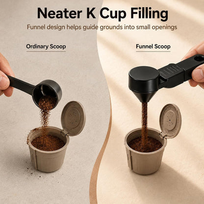 Coffee Scoop with Funnel, Reusable K Cup Funnel, Coffee Measuring Scoop 2 Tablespoon Mess-Free Spoon for Ground Coffee, Protein Powder, Tea Pod Refill (2PK)