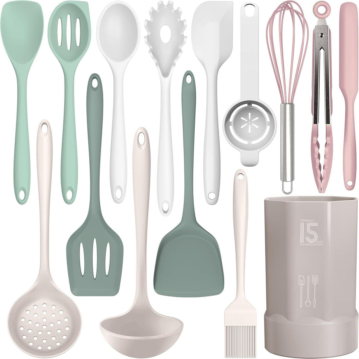 AOTHOD Silicone Cooking Utensils Set - 446°F Heat Resistant Kitchen Utensils,Turner Tongs,Spatula,Spoon,Brush,Whisk,Kitchen Utensil Gadgets Tools Set for Nonstick Cookware,Dishwasher Safe (BPA Free)
