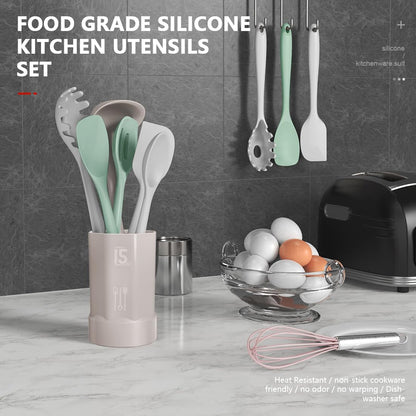 AOTHOD Silicone Cooking Utensils Set - 446°F Heat Resistant Kitchen Utensils,Turner Tongs,Spatula,Spoon,Brush,Whisk,Kitchen Utensil Gadgets Tools Set for Nonstick Cookware,Dishwasher Safe (BPA Free)