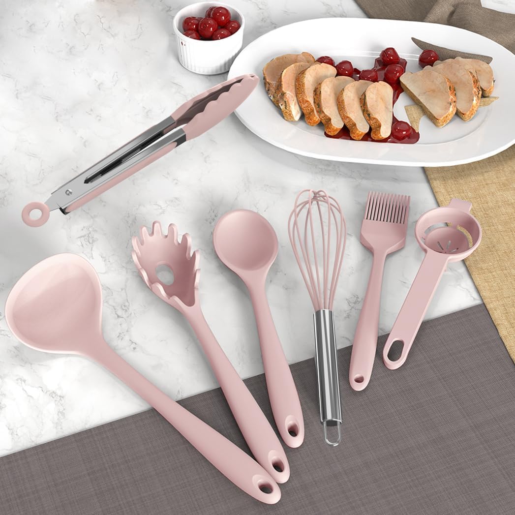 AOTHOD Silicone Cooking Utensils Set - 446°F Heat Resistant Kitchen Utensils,Turner Tongs,Spatula,Spoon,Brush,Whisk,Kitchen Utensil Gadgets Tools Set for Nonstick Cookware,Dishwasher Safe (BPA Free)