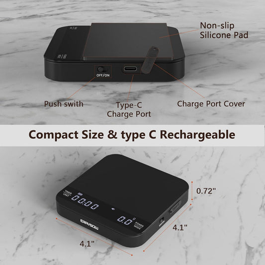 Coffee Scale with Auto Timing, Mini Rechargeable Espresso Scale with Timer, 2kg/0.1g High Precision Scale for Espresso and Pour-Over Coffee with Brewing Assist Modes