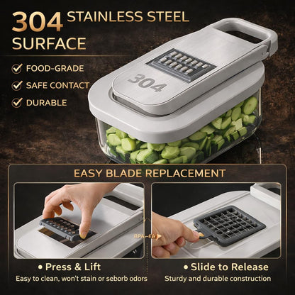 All-in-One Food Chopper & Mandoline Slicer, 9-in-1 Vegetable Chopper with Interchangeable Stainless Steel Blades, BPA-Free Manual Onion Dicer, Julienne & Grater with Container