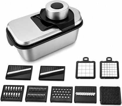 All-in-One Food Chopper & Mandoline Slicer, 9-in-1 Vegetable Chopper with Interchangeable Stainless Steel Blades, BPA-Free Manual Onion Dicer, Julienne & Grater with Container