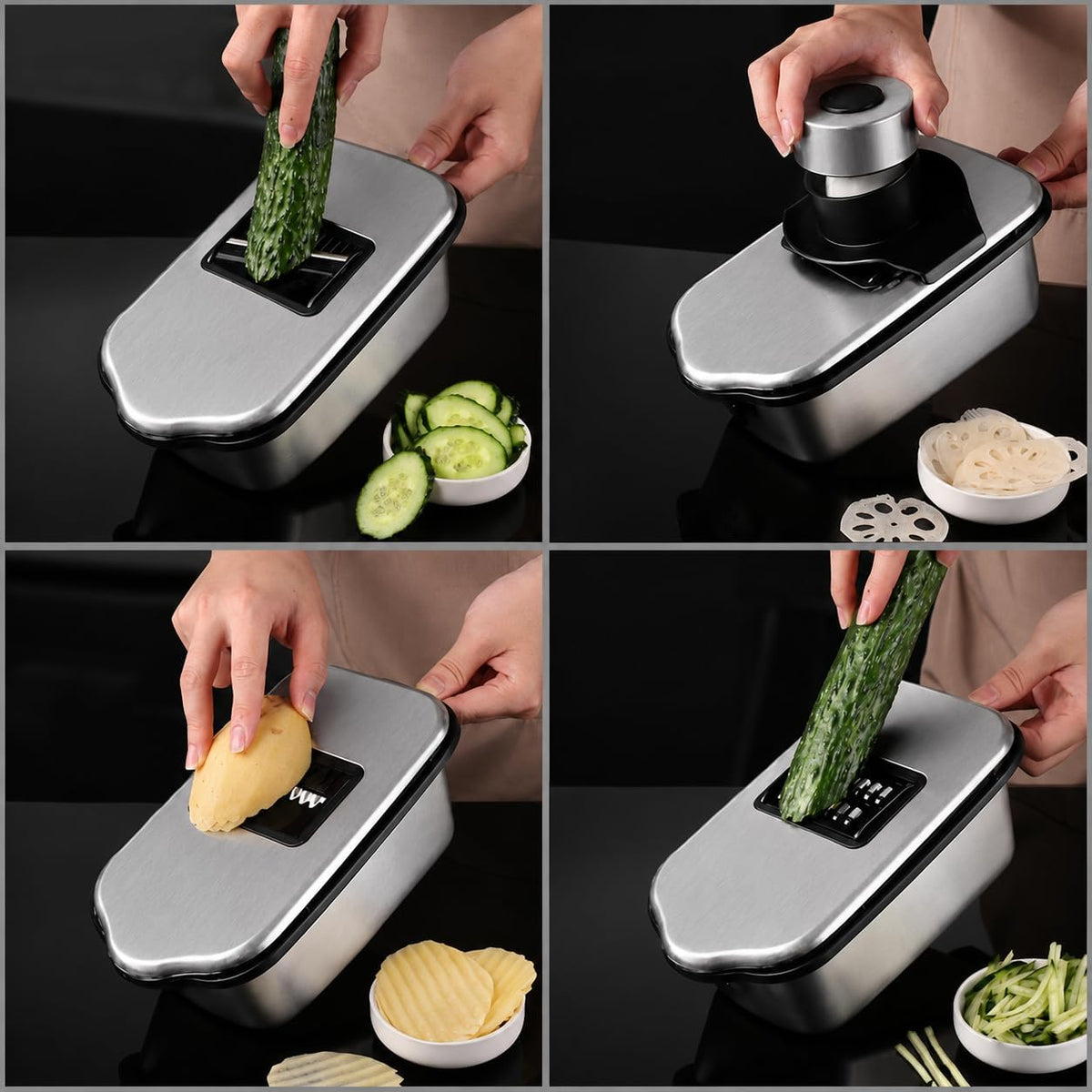 All-in-One Food Chopper & Mandoline Slicer, 9-in-1 Vegetable Chopper with Interchangeable Stainless Steel Blades, BPA-Free Manual Onion Dicer, Julienne & Grater with Container