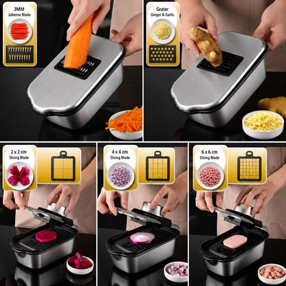 All-in-One Food Chopper & Mandoline Slicer, 9-in-1 Vegetable Chopper with Interchangeable Stainless Steel Blades, BPA-Free Manual Onion Dicer, Julienne & Grater with Container