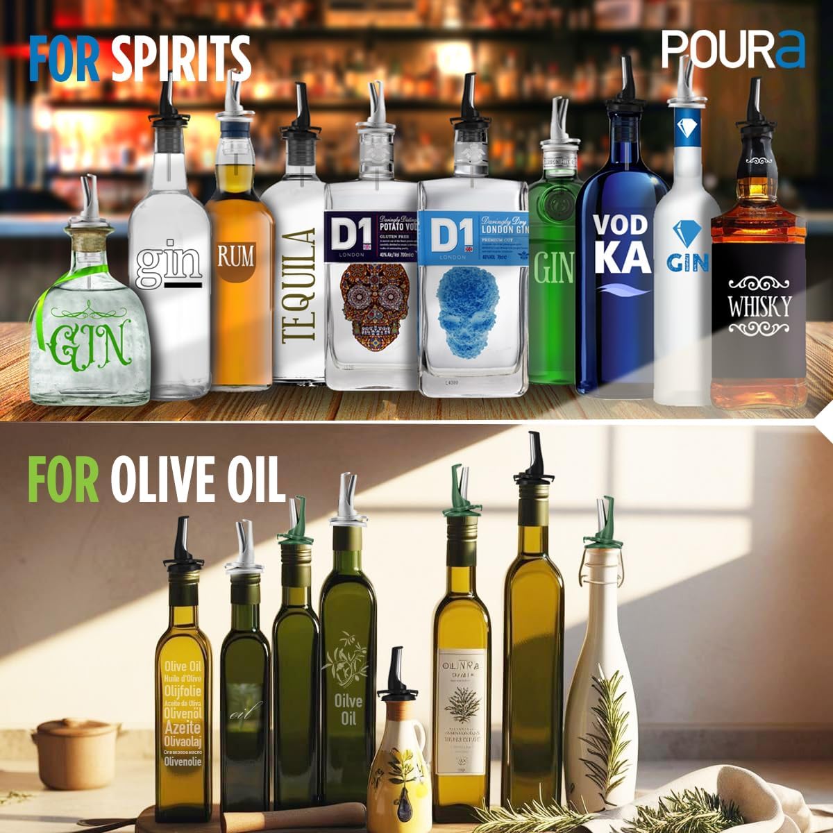 AIRTIGHT Olive Oil Pour Spout for Olive Oil Dispenser - UK Patented Oil Pourer - Hygienic One Handed Open Close Mechanism Keeps Oil Fresh. Dust Caps Cover | Screens Alternative - Green 2 PCs