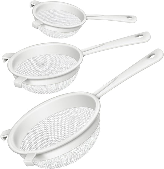 3 Pcs Plastic Nylon Mesh Strainer Colander with Handle Double Ear Fine Food Mesh Strainer Flour Sifter for Baking Kitchen Colander Sifter Kefir Tea Juice Pasta(3 Inch, 5 Inch, 7 Inch)