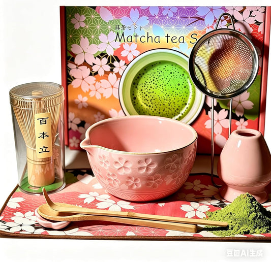 8PCS Japanese Matcha Whisk Set -With Ceramic Bowl (Spout Design),Bamboo Whisk and Holder,Scoop, Scoop Rest, Tea Towel,Sifter Kit for Lovers - Ideal for Daily Use, Ceremonial Use & Gifts(ALL) (Pink)