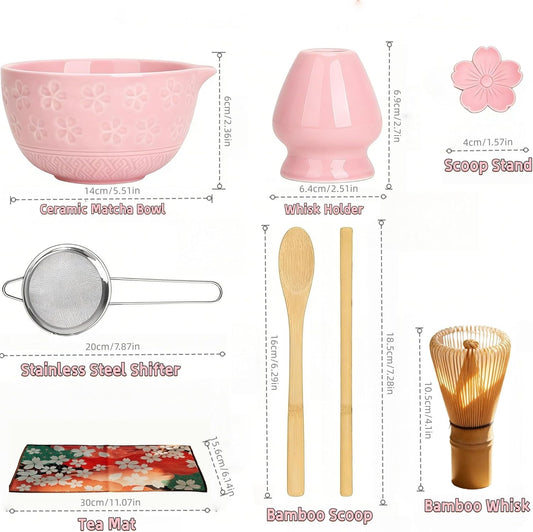 8PCS Japanese Matcha Whisk Set -With Ceramic Bowl (Spout Design),Bamboo Whisk and Holder,Scoop, Scoop Rest, Tea Towel,Sifter Kit for Lovers - Ideal for Daily Use, Ceremonial Use & Gifts(ALL) (Pink)