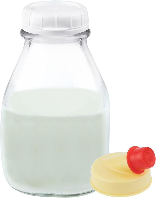 16 oz Glass Milk Bottle with Lid and Pour Spout – Small Glass Creamer Container for Refrigerator – Airtight Pint Milk Bottle for Coffee, Tea, and Liquid Storage