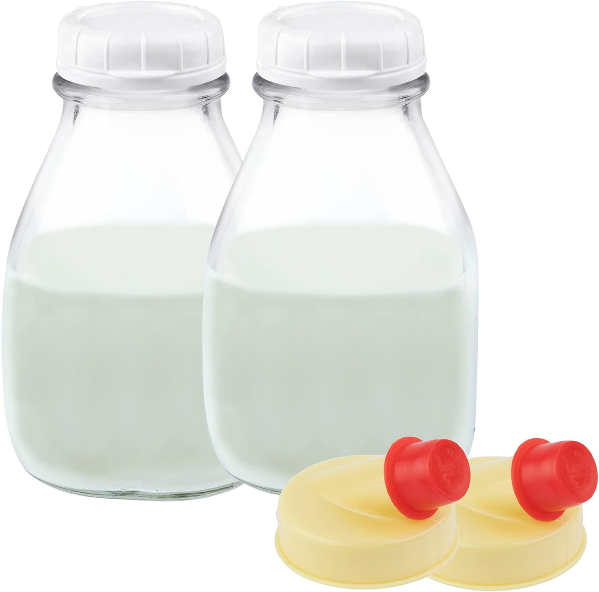 16 oz Glass Milk Bottle with Lid and Pour Spout – Small Glass Creamer Container for Refrigerator – Airtight Pint Milk Bottle for Coffee, Tea, and Liquid Storage