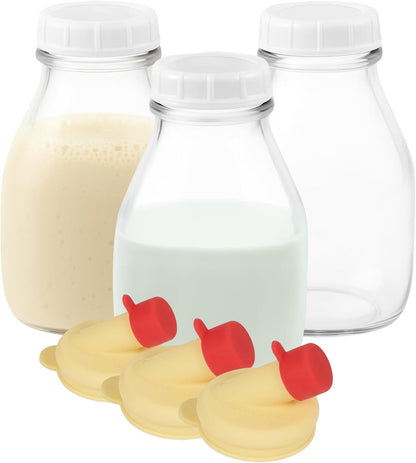 16 oz Glass Milk Bottle with Lid and Pour Spout – Small Glass Creamer Container for Refrigerator – Airtight Pint Milk Bottle for Coffee, Tea, and Liquid Storage