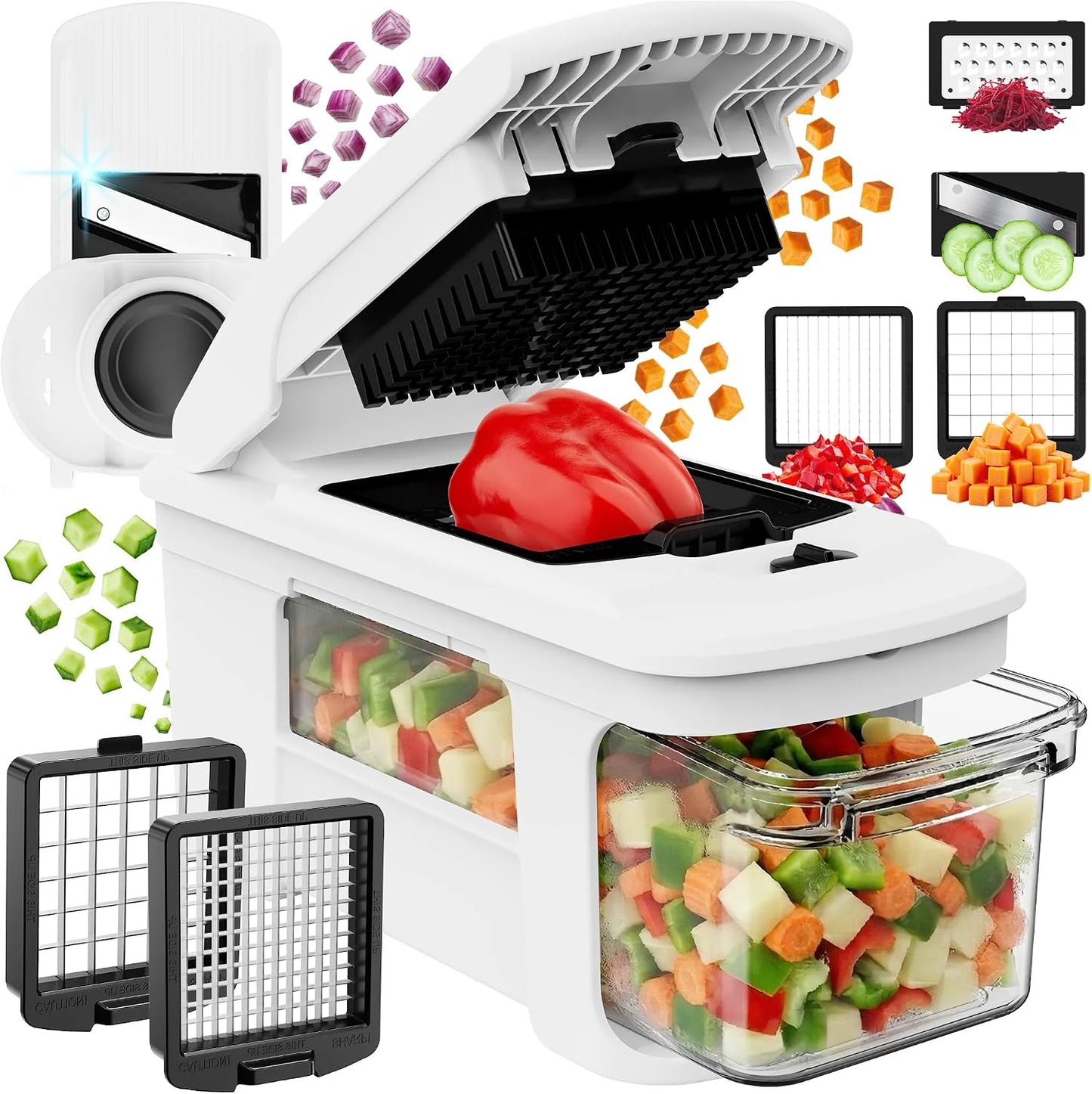 Pro XL Vegetable Chopper & Mandoline Slicer w Pull-Out Catch Tray | 4 in 1 Veggie, Onion & Fruit Slicer, Dicer & Grater with Sharp Stainless Steel Blades - XL Food Prep Set (White)