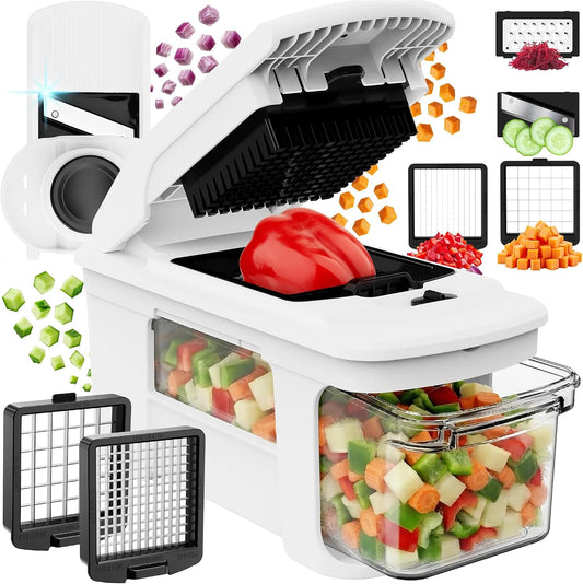Pro XL Vegetable Chopper & Mandoline Slicer w Pull-Out Catch Tray | 4 in 1 Veggie, Onion & Fruit Slicer, Dicer & Grater with Sharp Stainless Steel Blades - XL Food Prep Set (White)