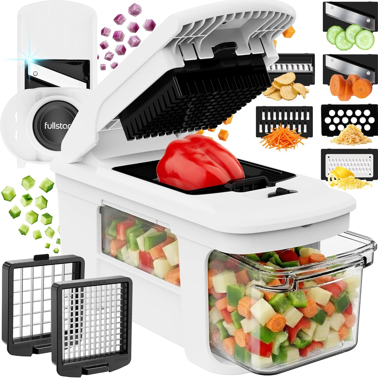 Pro XL Vegetable Chopper & Mandoline Slicer w Pull-Out Catch Tray | 4 in 1 Veggie, Onion & Fruit Slicer, Dicer & Grater with Sharp Stainless Steel Blades - XL Food Prep Set (White)