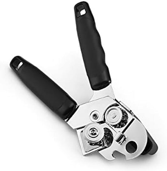 Classic Manual Can Opener with Bottle Opener, Stainless Steel Cutting Wheel and Comfortable Grip Handles, Black