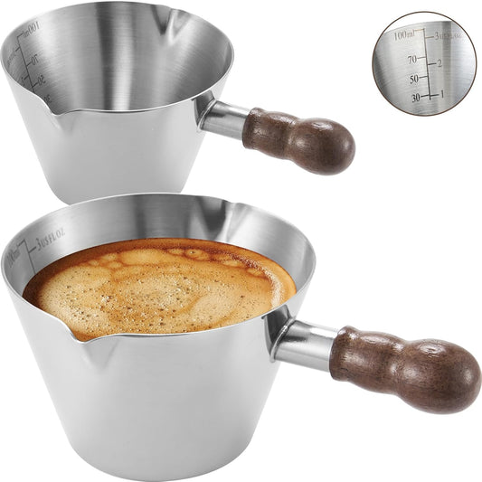 2 Pcs Espresso Cups with Handle,Stainless Steel Espresso Cups Set of 2, 3.4oz Double Spout Glass Measuring Cup, Milk Frothing Pitcher with Spout, Espresso Shot Cup with V-Shaped Mout(Silver)