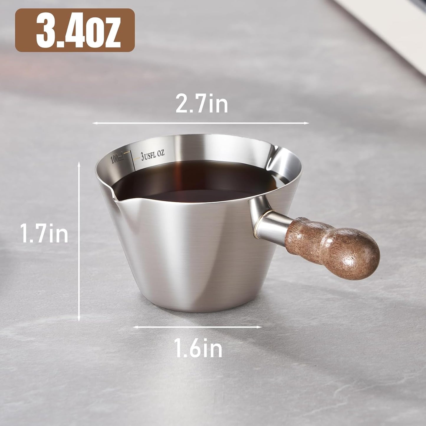 2 Pcs Espresso Cups with Handle,Stainless Steel Espresso Cups Set of 2, 3.4oz Double Spout Glass Measuring Cup, Milk Frothing Pitcher with Spout, Espresso Shot Cup with V-Shaped Mout(Silver)