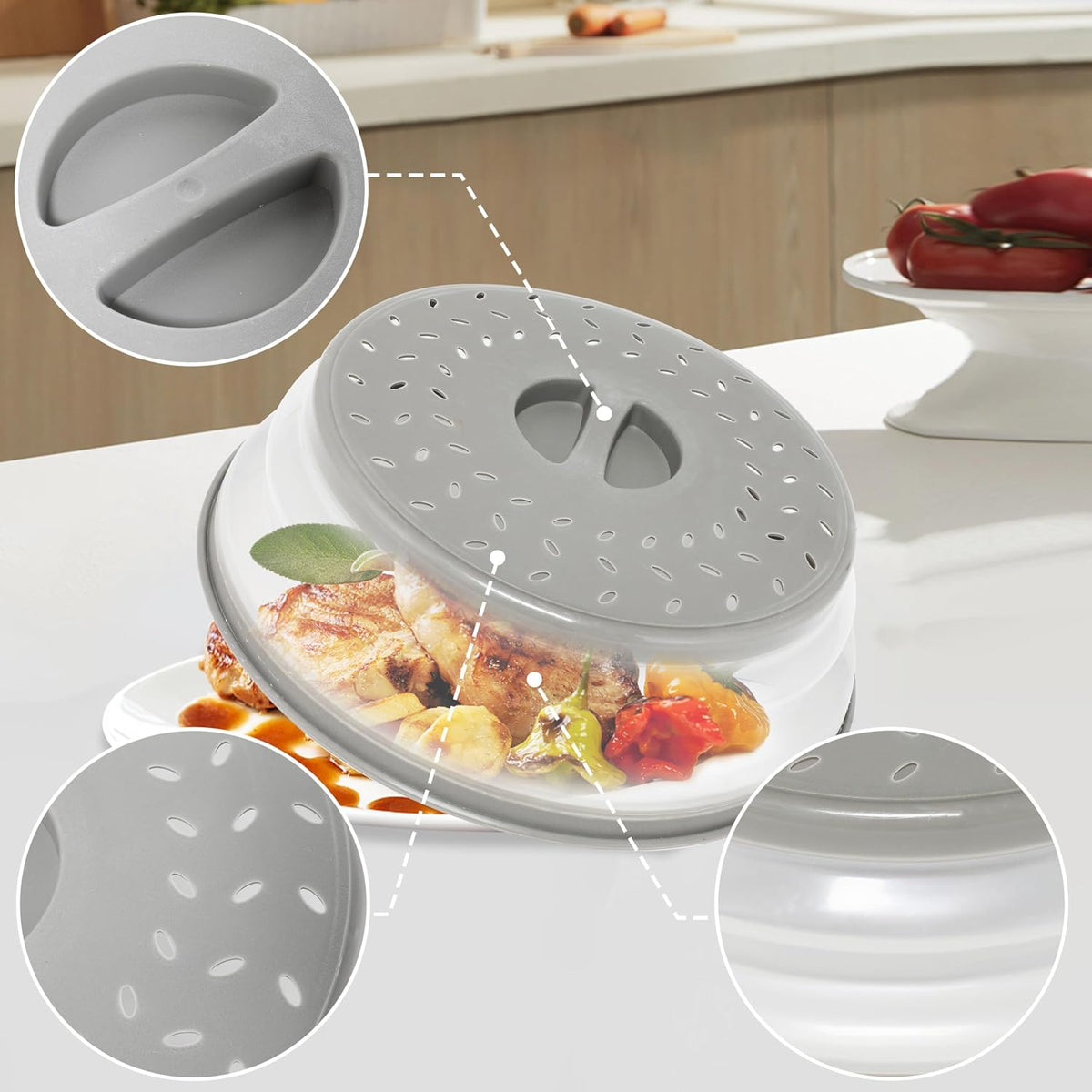 3 Pack Collapsible Microwave Food Covers, Splatter Guard,Vented Microwave Lid for Food, BPA free TPR, Dishwasher safe,Gray，Large, Medium, Small