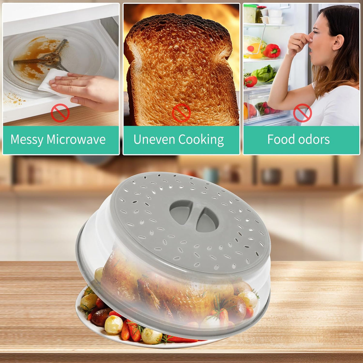 3 Pack Collapsible Microwave Food Covers, Splatter Guard,Vented Microwave Lid for Food, BPA free TPR, Dishwasher safe,Gray，Large, Medium, Small
