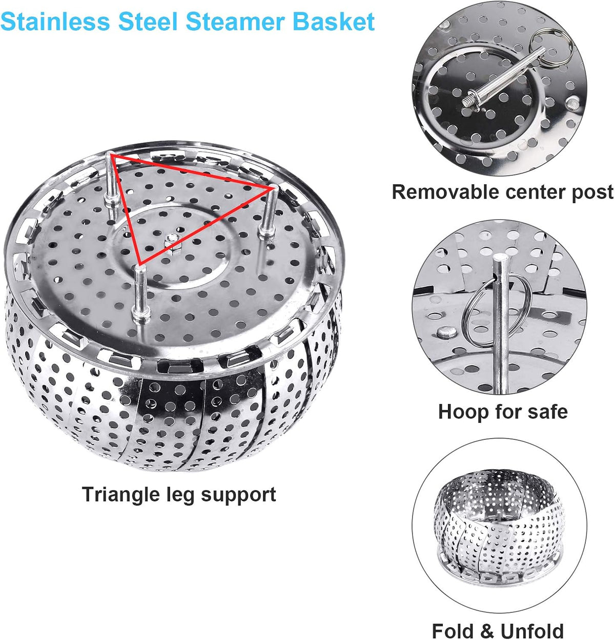 Veggie Vegetable Steamer Basket, Folding Steaming Basket, Metal Collapsible Stainless Steel Steamer Basket Insert for Cooking Food, Expandable Fit Various Size Pot(5.9" to 9.8")