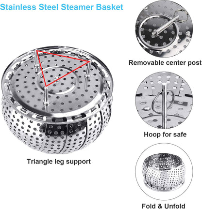 Veggie Vegetable Steamer Basket, Folding Steaming Basket, Metal Collapsible Stainless Steel Steamer Basket Insert for Cooking Food, Expandable Fit Various Size Pot(5.9" to 9.8")
