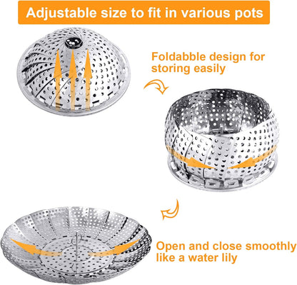Veggie Vegetable Steamer Basket, Folding Steaming Basket, Metal Collapsible Stainless Steel Steamer Basket Insert for Cooking Food, Expandable Fit Various Size Pot(5.9" to 9.8")