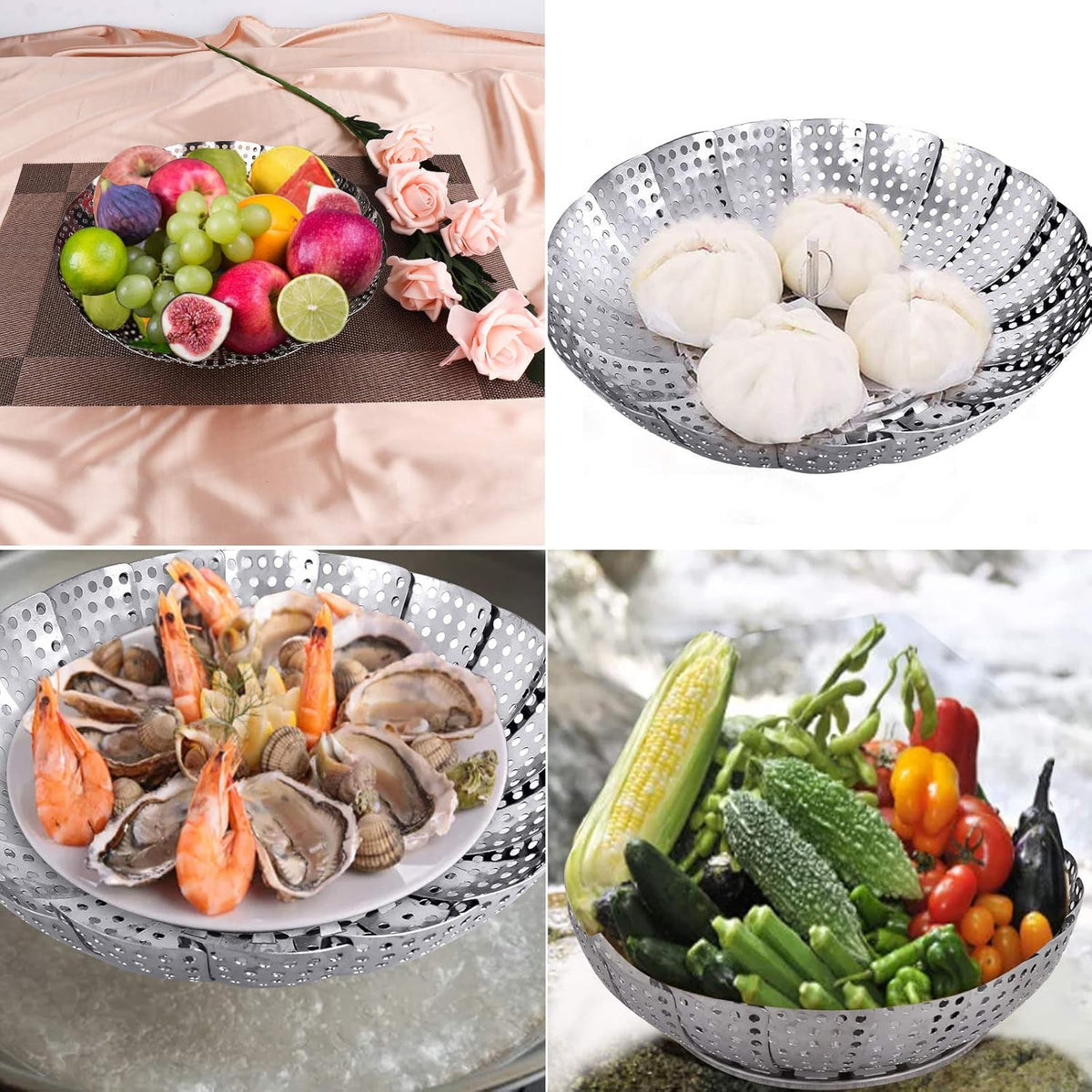 Veggie Vegetable Steamer Basket, Folding Steaming Basket, Metal Collapsible Stainless Steel Steamer Basket Insert for Cooking Food, Expandable Fit Various Size Pot(5.9" to 9.8")