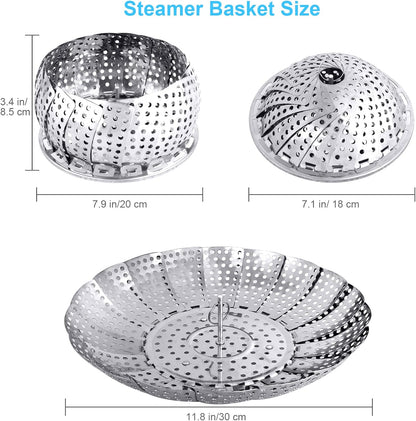 Veggie Vegetable Steamer Basket, Folding Steaming Basket, Metal Collapsible Stainless Steel Steamer Basket Insert for Cooking Food, Expandable Fit Various Size Pot(5.9" to 9.8")