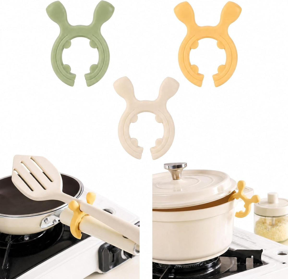 3PCS Silicone Pot Handle Holder & Spatula Rest, 2026 Upgraded Heat Resistant Spoon Holder for Stove Top, Anti-Scalding Utensil Rest & Steam Releaser Pot Clip, Non-Slip Kitchen Gadgets Organizer Kit