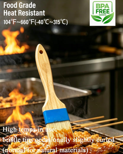Pastry Basting Brush - Food Grade, Non-Shedding Natural Bristle, Heat Resistant Wooden Handle, Durable Kitchen Tool for Baking, Cooking, Butter, Egg Wash, Glazing, Oil, Sauce (Set of 2, 1.5", Blue)