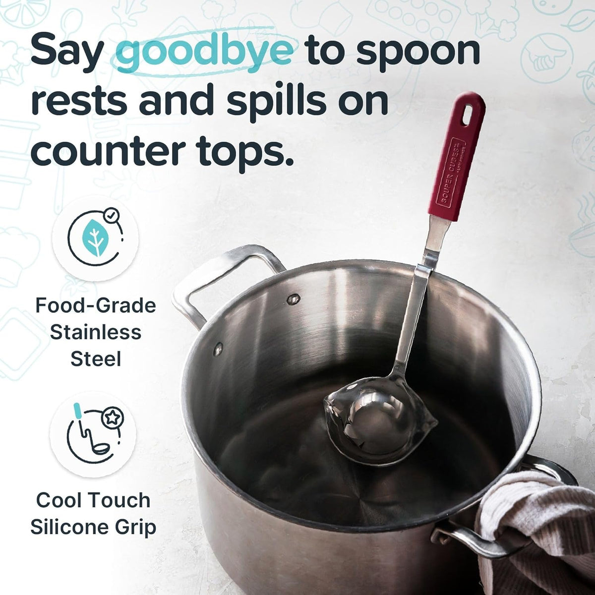 + Lori Greiner No Mess Stainless Steel Soup Ladle with Silicone Handle - Metal Soup Ladle with No Mess Design That Hooks on Side of Any Pot - Cranberry