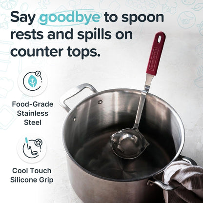 + Lori Greiner No Mess Stainless Steel Soup Ladle with Silicone Handle - Metal Soup Ladle with No Mess Design That Hooks on Side of Any Pot - Cranberry
