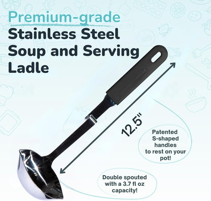 + Lori Greiner No Mess Stainless Steel Soup Ladle with Silicone Handle - Metal Soup Ladle with No Mess Design That Hooks on Side of Any Pot - Cranberry