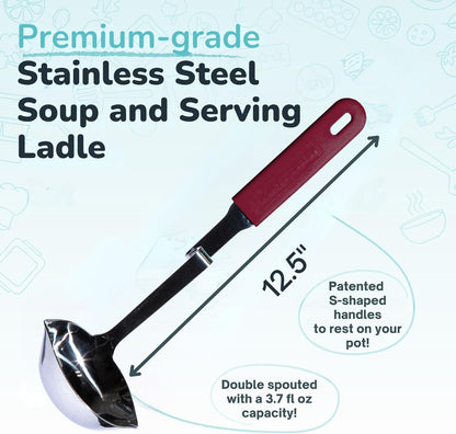 + Lori Greiner No Mess Stainless Steel Soup Ladle with Silicone Handle - Metal Soup Ladle with No Mess Design That Hooks on Side of Any Pot - Cranberry