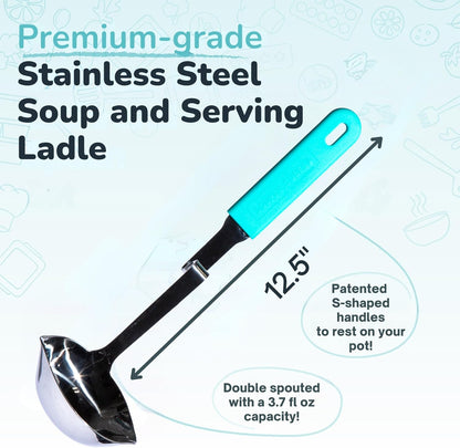 + Lori Greiner No Mess Stainless Steel Soup Ladle with Silicone Handle - Metal Soup Ladle with No Mess Design That Hooks on Side of Any Pot - Cranberry