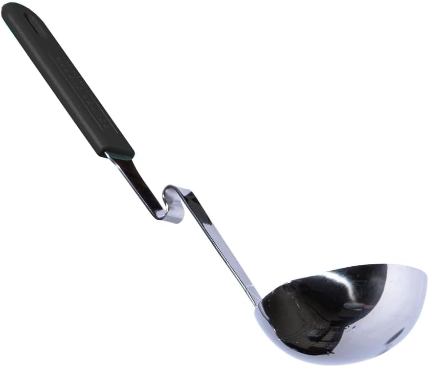 + Lori Greiner No Mess Stainless Steel Soup Ladle with Silicone Handle - Metal Soup Ladle with No Mess Design That Hooks on Side of Any Pot - Cranberry