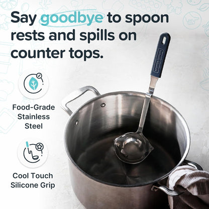 + Lori Greiner No Mess Stainless Steel Soup Ladle with Silicone Handle - Metal Soup Ladle with No Mess Design That Hooks on Side of Any Pot - Cranberry