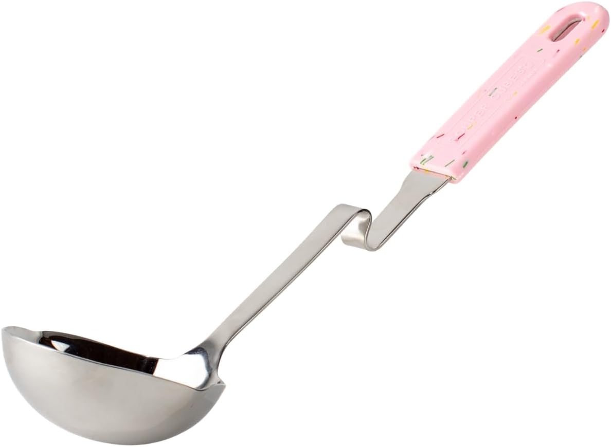+ Lori Greiner No Mess Stainless Steel Soup Ladle with Silicone Handle - Metal Soup Ladle with No Mess Design That Hooks on Side of Any Pot - Cranberry