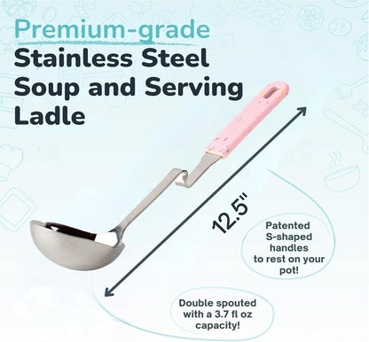 + Lori Greiner No Mess Stainless Steel Soup Ladle with Silicone Handle - Metal Soup Ladle with No Mess Design That Hooks on Side of Any Pot - Cranberry