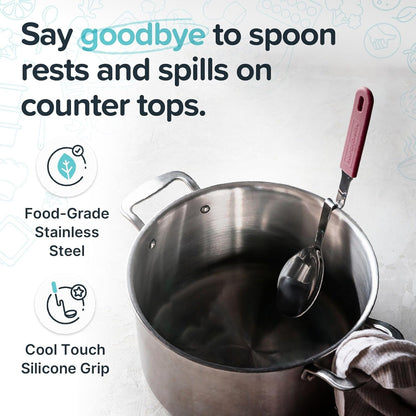 + Lori Greiner No Mess Stainless Steel Soup Ladle with Silicone Handle - Metal Soup Ladle with No Mess Design That Hooks on Side of Any Pot - Cranberry