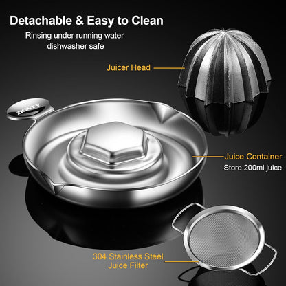 Lemon Squeezer Stainless Steel, Heavy Duty Hand Manual Citrus Juicer, Premium Orange Lime Fruit Squeezer, Robust Reamer Rotation 2 Pour Spout 200ML Container, Dishwasher Safe（5-Year Warranty）