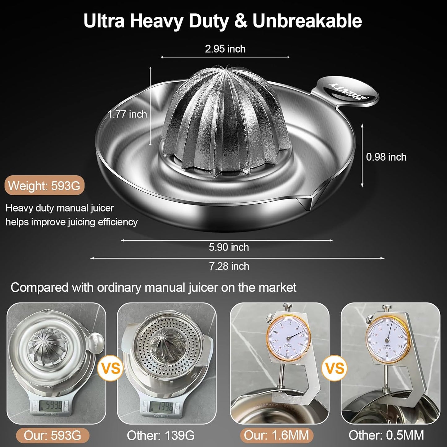 Lemon Squeezer Stainless Steel, Heavy Duty Hand Manual Citrus Juicer, Premium Orange Lime Fruit Squeezer, Robust Reamer Rotation 2 Pour Spout 200ML Container, Dishwasher Safe（5-Year Warranty）