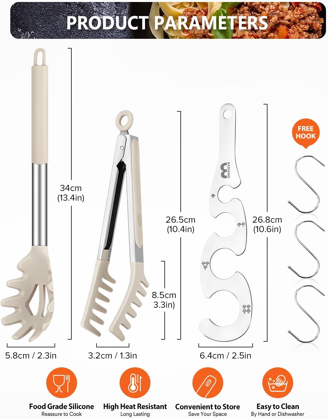 Silicone Spaghetti Spoon & Pasta Tong With Pasta Measurer, 3 Pack of Non-Stick Stainless Steel Handle Pasta Fork Set with Teeth, Food Clip for Easy Serving of Noodles (BLUE)