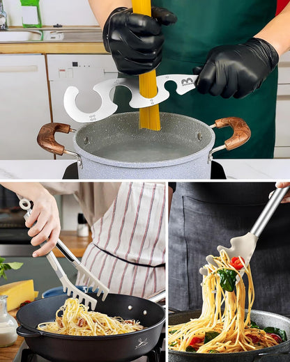 Silicone Spaghetti Spoon & Pasta Tong With Pasta Measurer, 3 Pack of Non-Stick Stainless Steel Handle Pasta Fork Set with Teeth, Food Clip for Easy Serving of Noodles (BLUE)