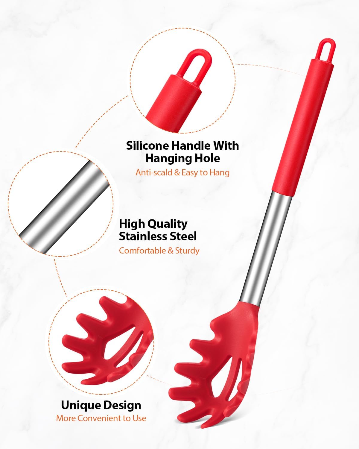 Silicone Spaghetti Spoon & Pasta Tong With Pasta Measurer, 3 Pack of Non-Stick Stainless Steel Handle Pasta Fork Set with Teeth, Food Clip for Easy Serving of Noodles (BLUE)
